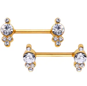 14 Gauge 9/16 Clear Gem Gold Tone Circles Barbell Nipple Ring Set