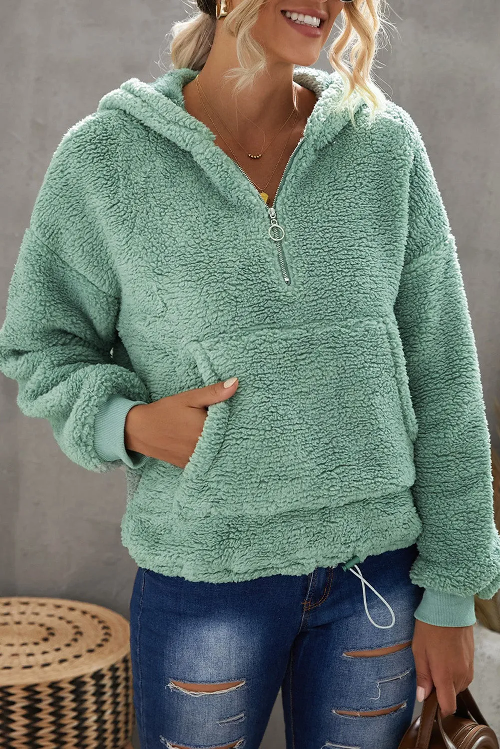 1/4 Zip Hooded Sherpa Sweatshirt with Kangaroo