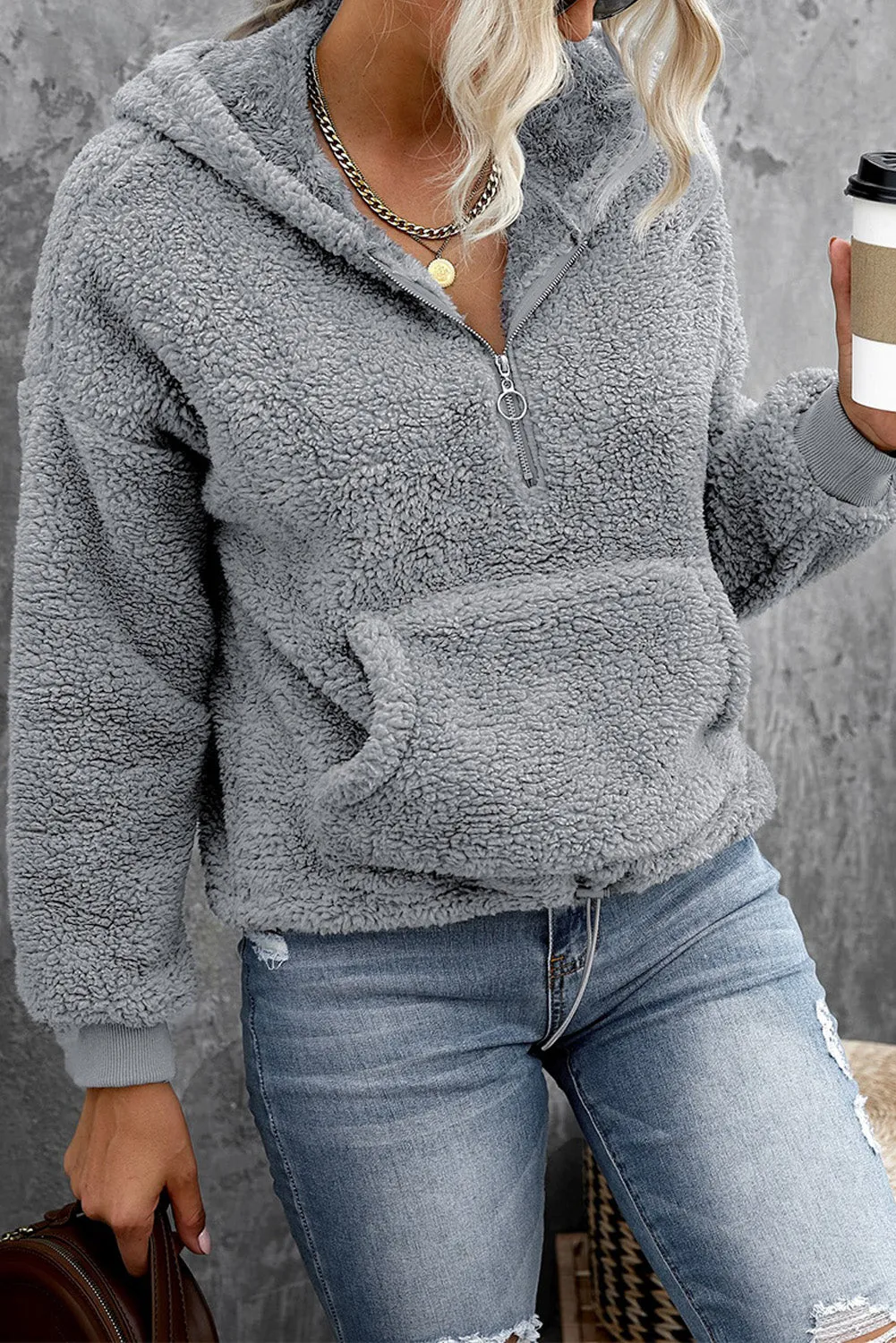 1/4 Zip Hooded Sherpa Sweatshirt with Kangaroo