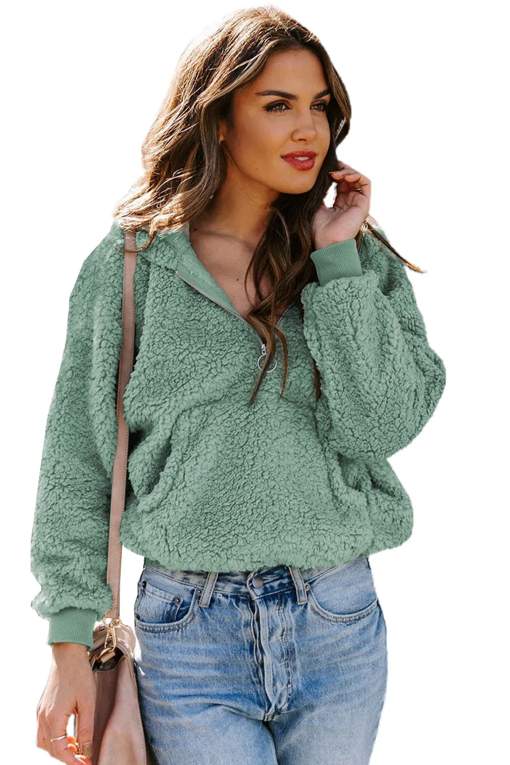 1/4 Zip Hooded Sherpa Sweatshirt with Kangaroo