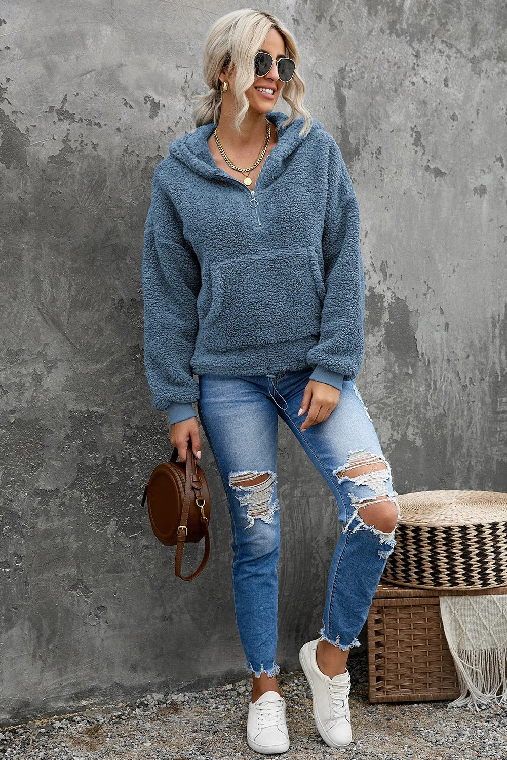 1/4 Zip Hooded Sherpa Sweatshirt with Kangaroo
