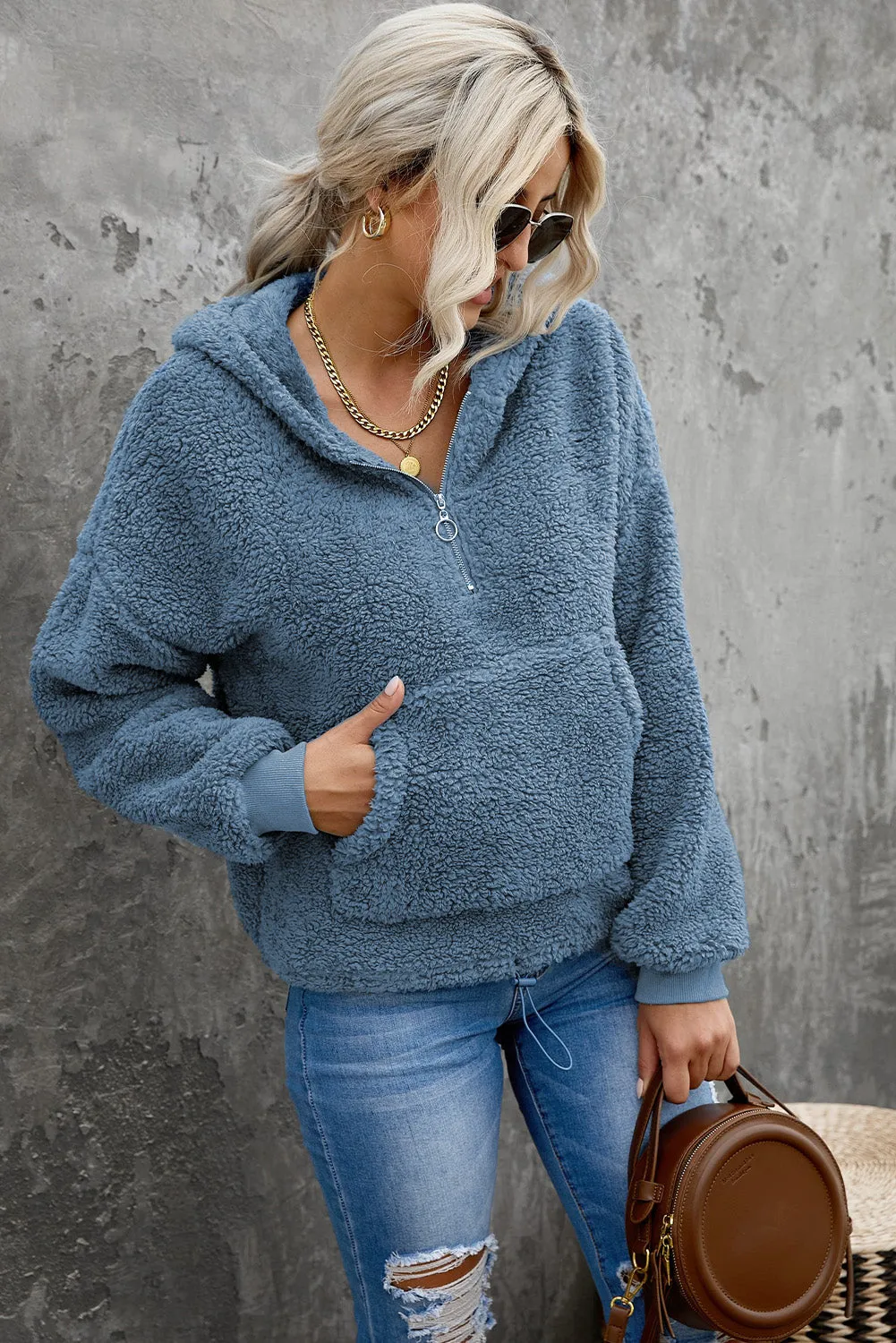 1/4 Zip Hooded Sherpa Sweatshirt with Kangaroo