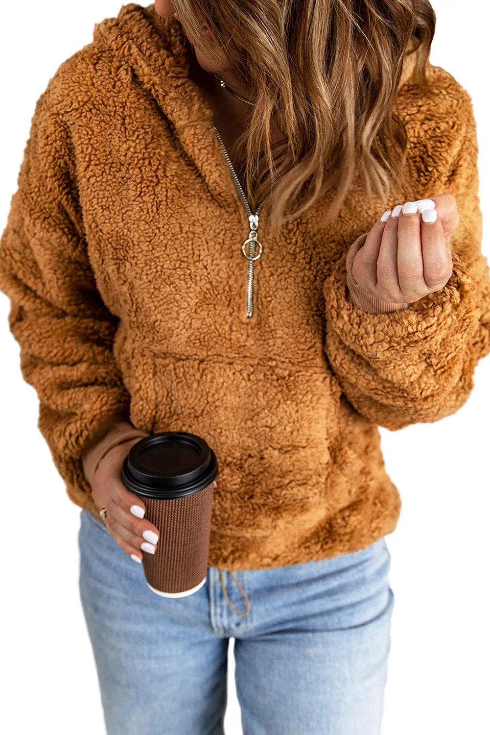 1/4 Zip Hooded Sherpa Sweatshirt with Kangaroo