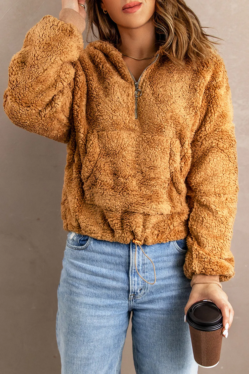 1/4 Zip Hooded Sherpa Sweatshirt with Kangaroo
