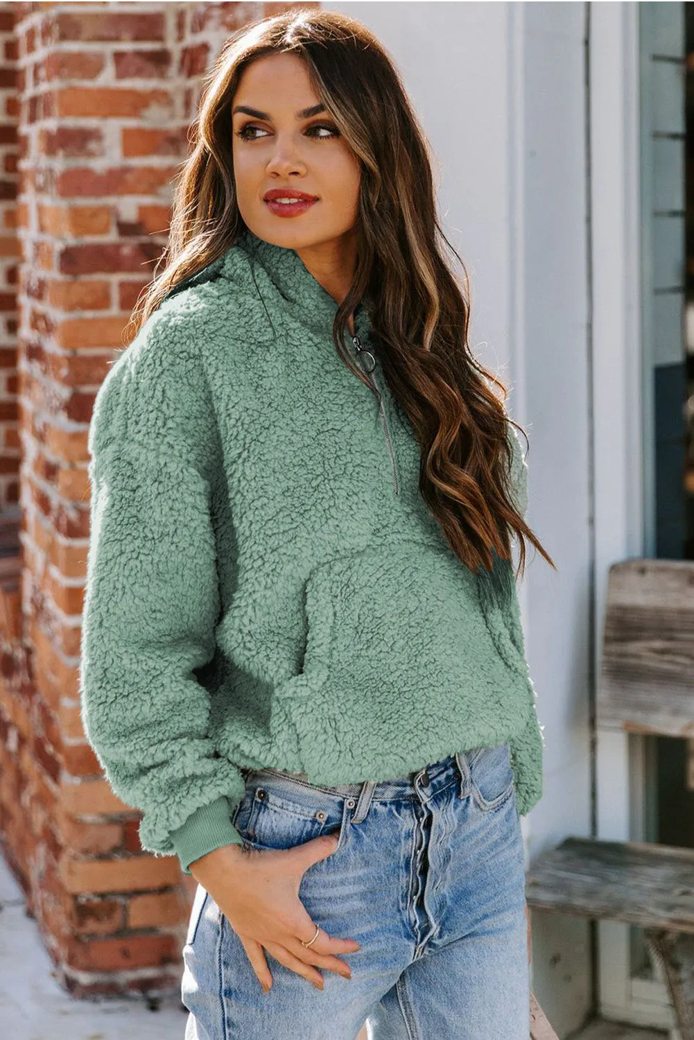 1/4 Zip Hooded Sherpa Sweatshirt with Kangaroo