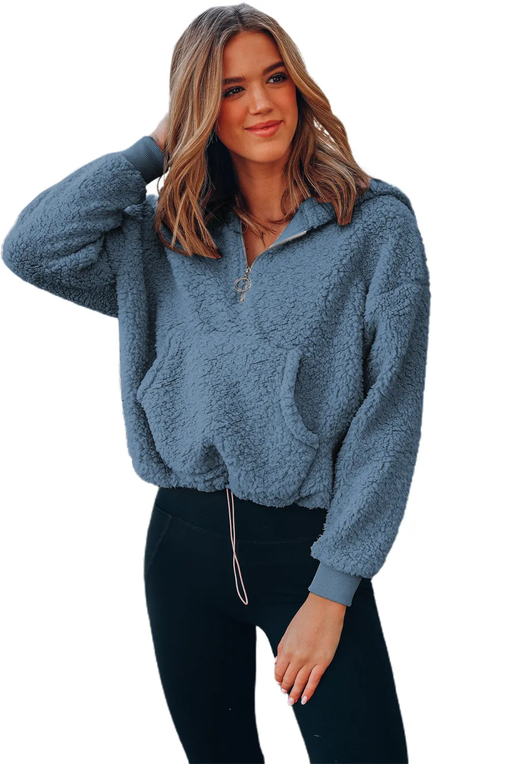 1/4 Zip Hooded Sherpa Sweatshirt with Kangaroo