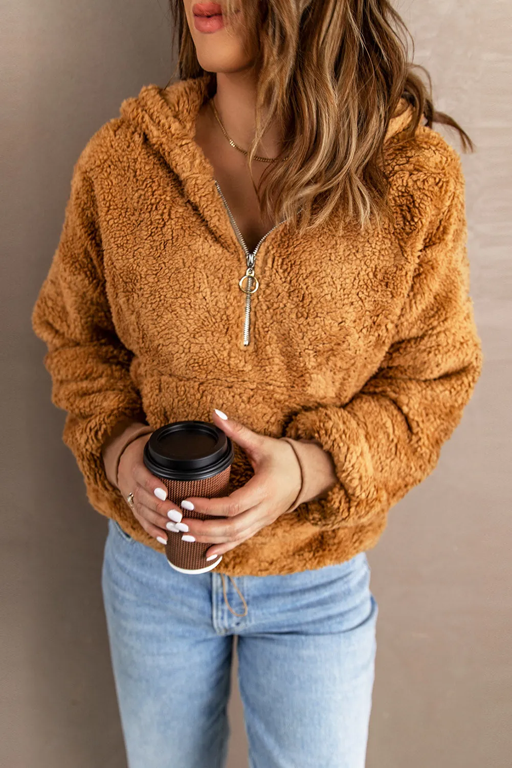 1/4 Zip Hooded Sherpa Sweatshirt with Kangaroo