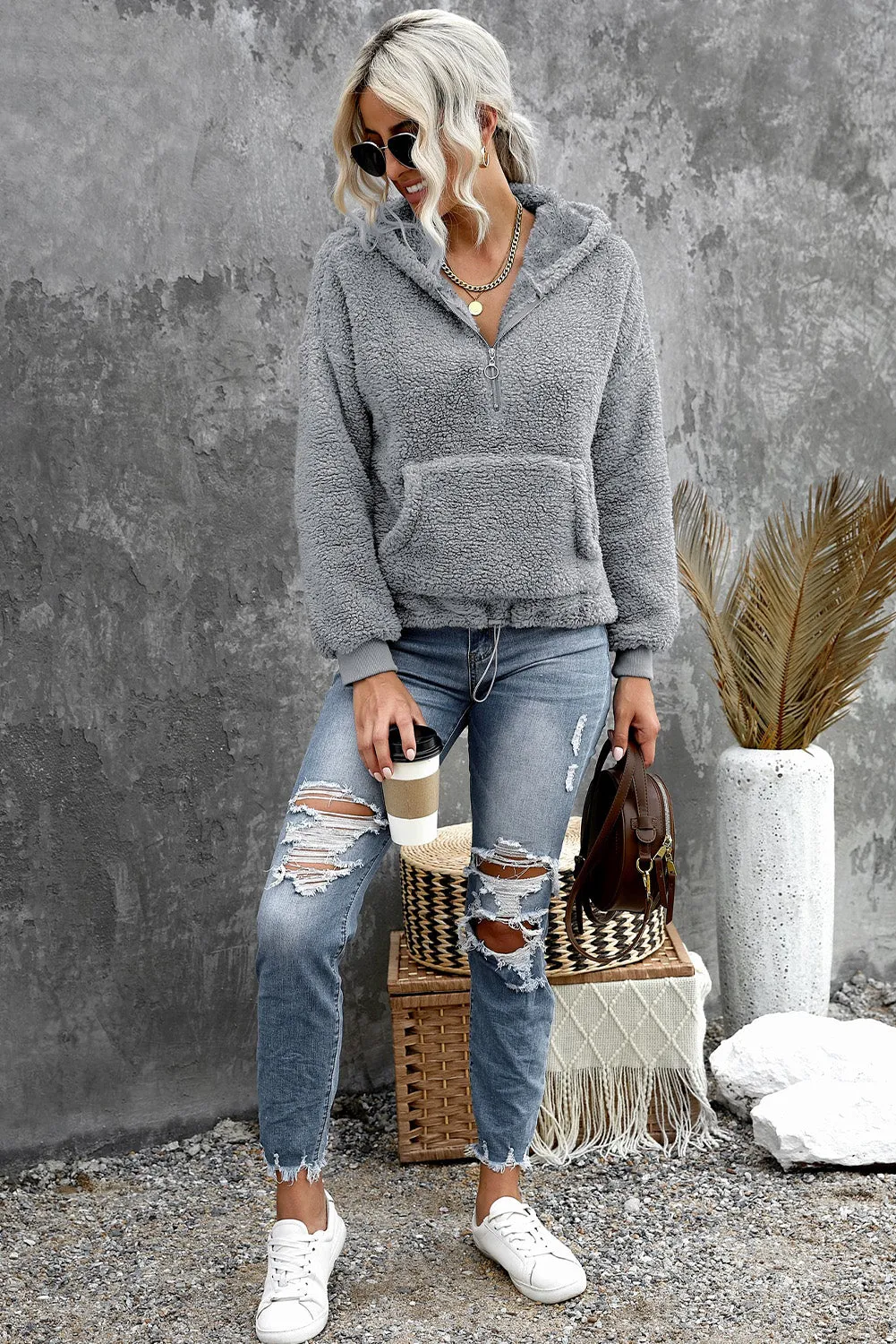1/4 Zip Hooded Sherpa Sweatshirt with Kangaroo