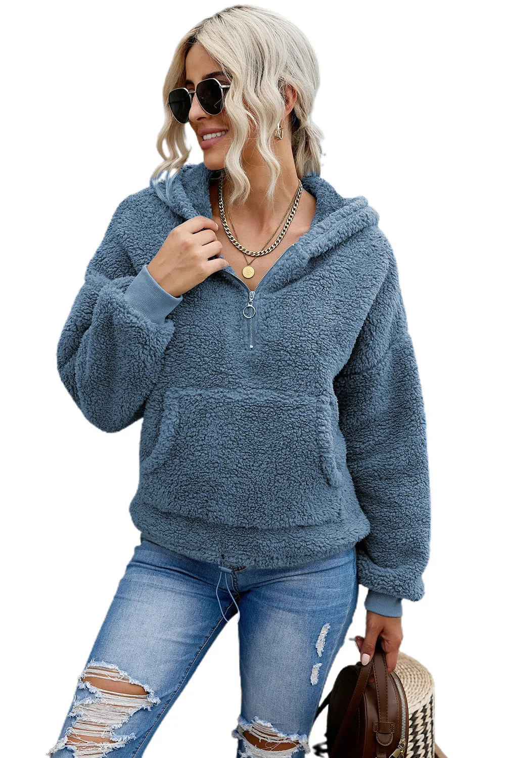 1/4 Zip Hooded Sherpa Sweatshirt with Kangaroo