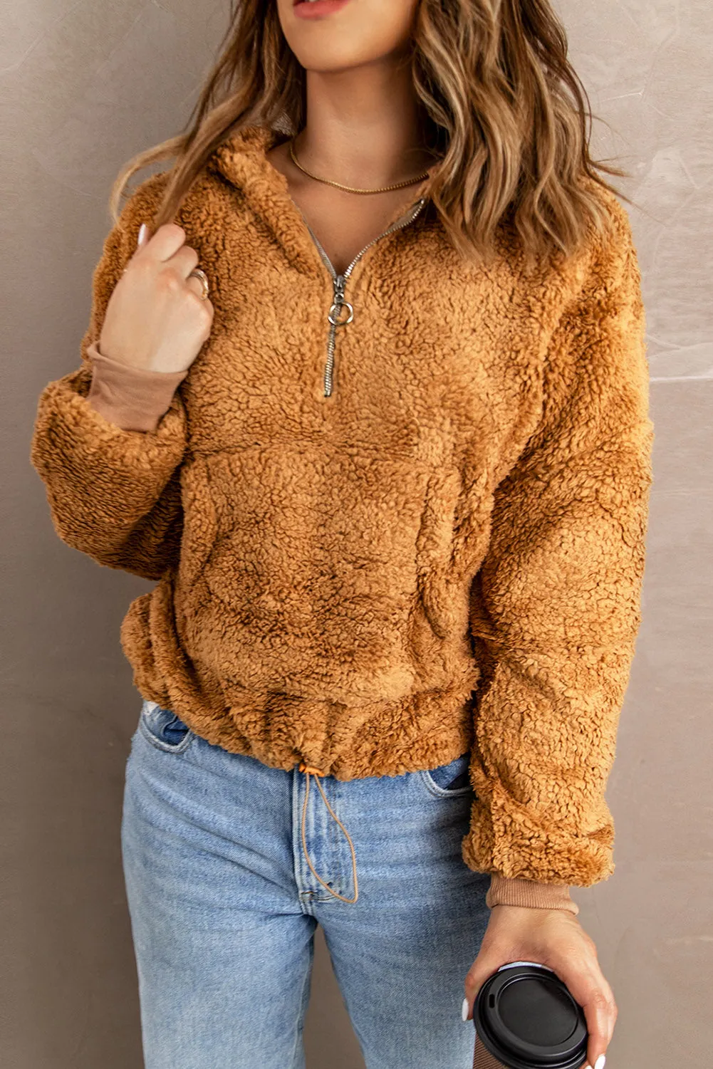 1/4 Zip Hooded Sherpa Sweatshirt with Kangaroo