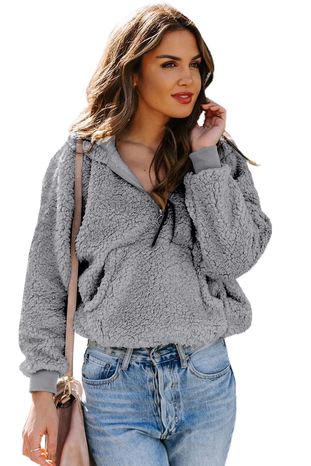 1/4 Zip Hooded Sherpa Sweatshirt with Kangaroo