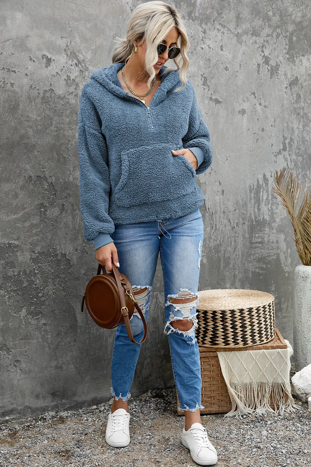 1/4 Zip Hooded Sherpa Sweatshirt with Kangaroo