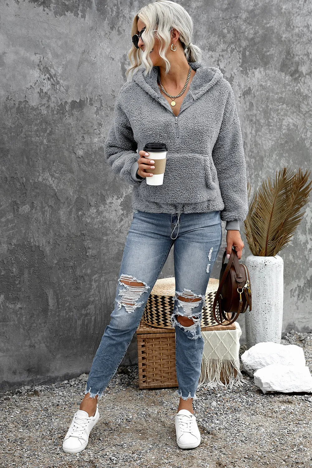 1/4 Zip Hooded Sherpa Sweatshirt with Kangaroo