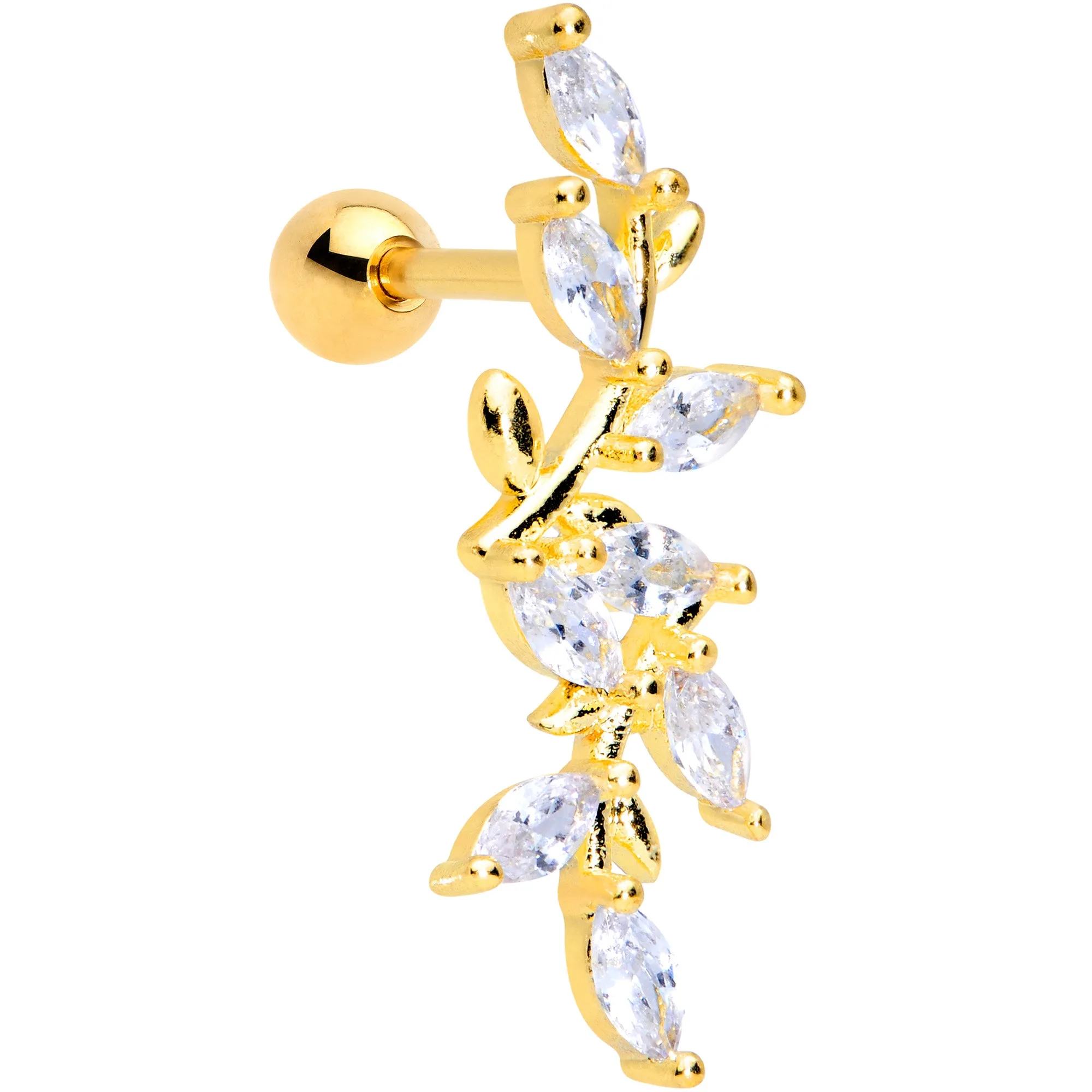 16 Gauge 1/4 Clear CZ Gem Gold Tone Trailing Vine Cartilage Tragus