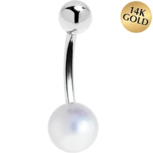 16 Gauge Solid 14KT White Gold Synthetic Pearl Belly Ring
