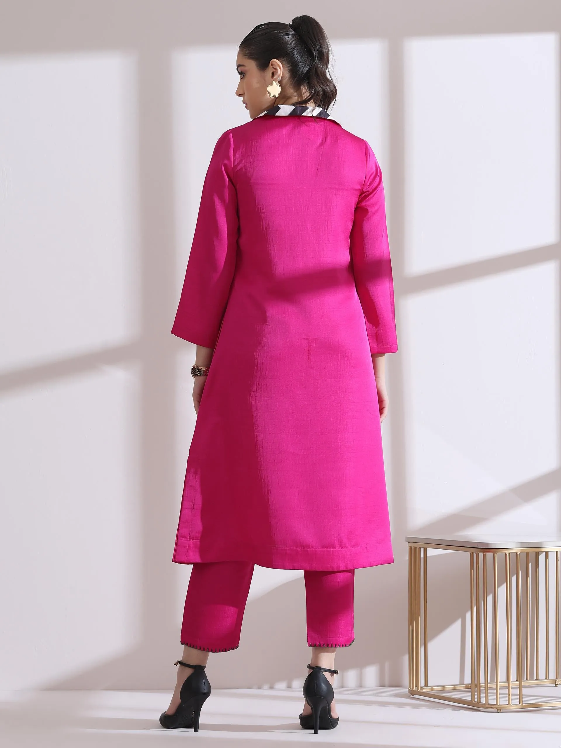 1Pc- Prf'T Lux Fuchsia Striped Collar Kurta.