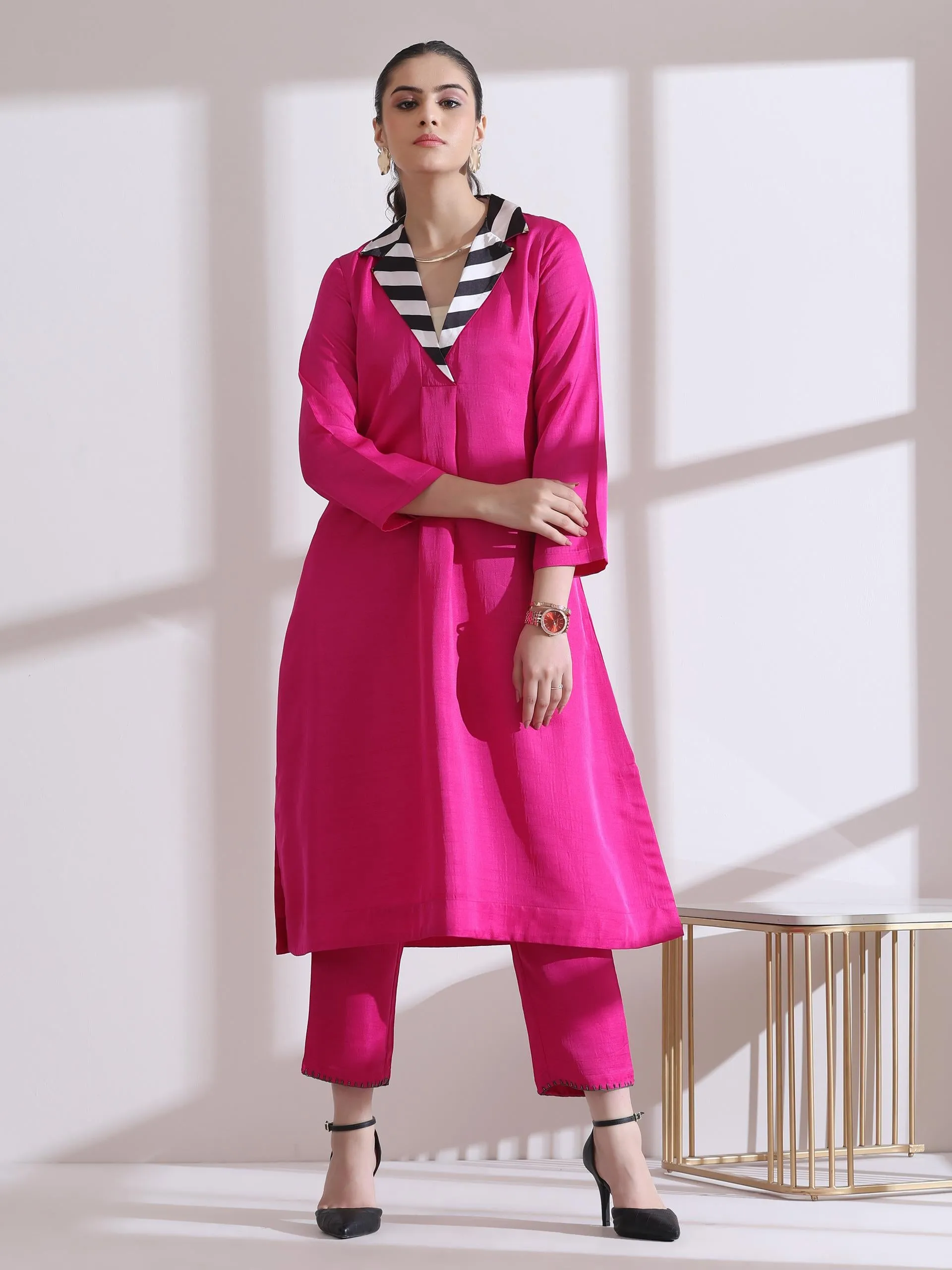 1Pc- Prf'T Lux Fuchsia Striped Collar Kurta.