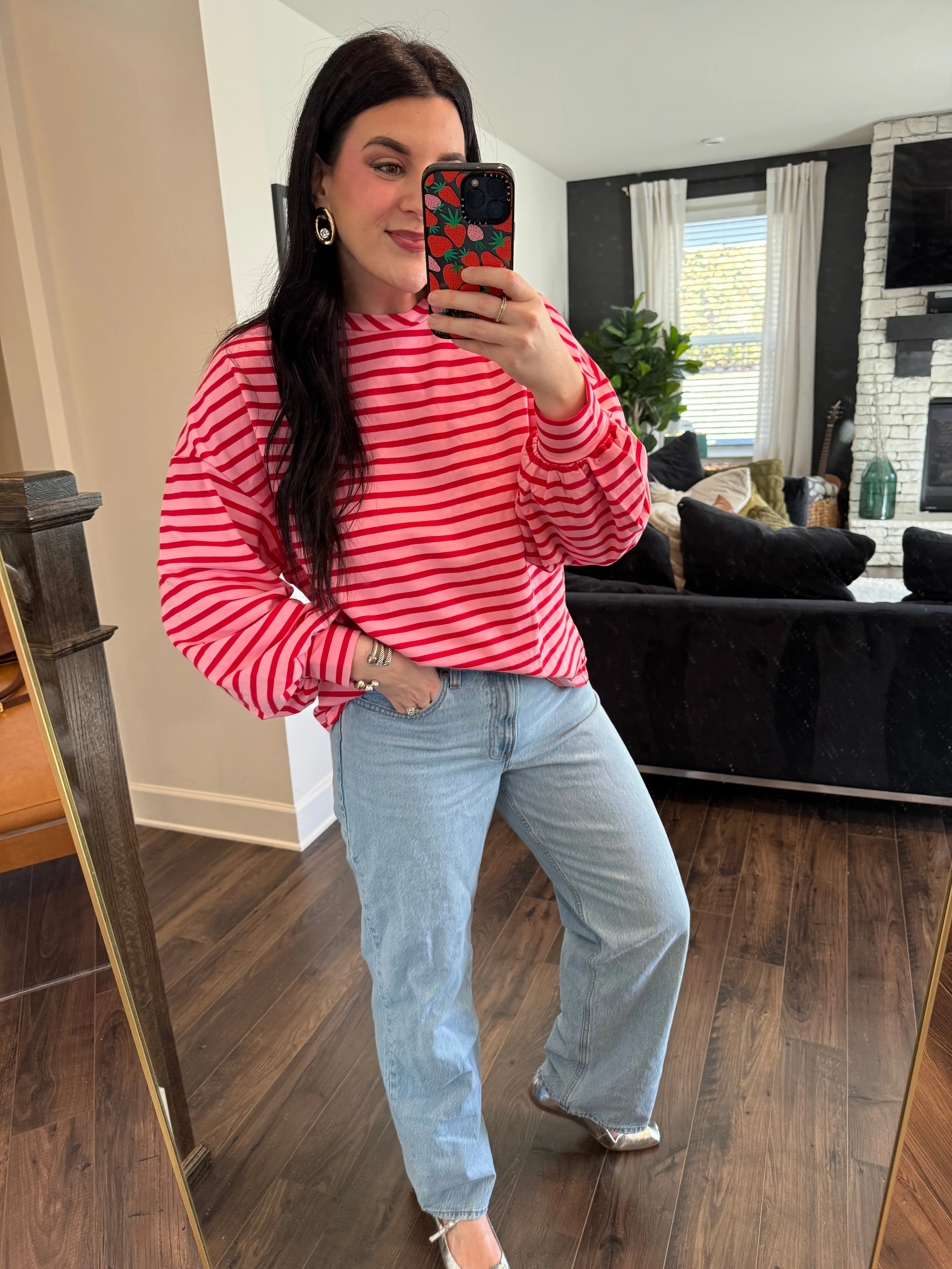 Abbie Striped Round Neck Long Sleeve Sweatshirt