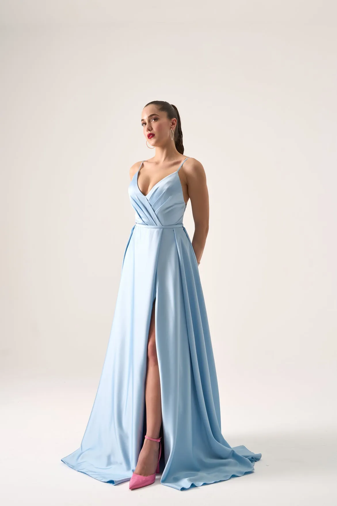 Anna a line satin open back gown