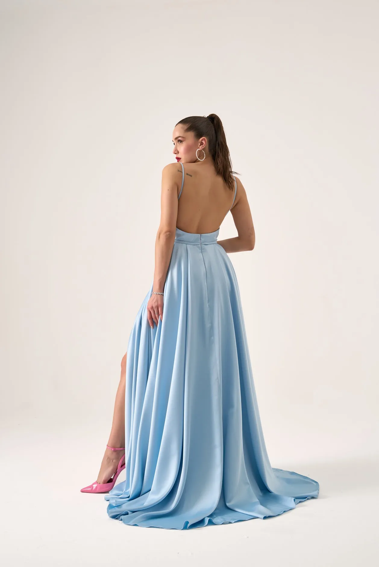 Anna a line satin open back gown