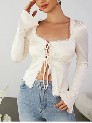 Bell Sleeves Lace Square Neck Tie Up Satin Top