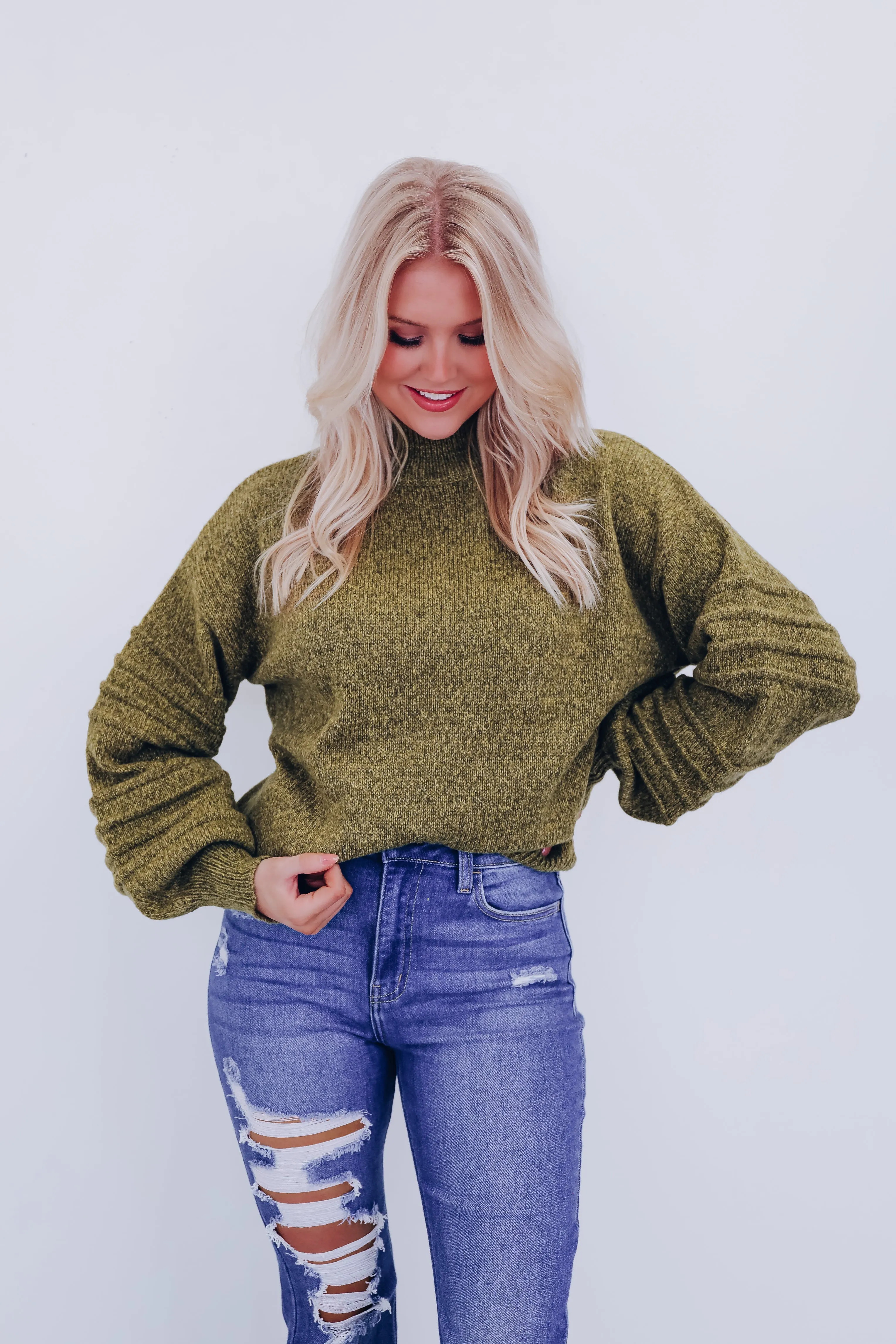 Belle Bubble Sleeve Sweater - Olive