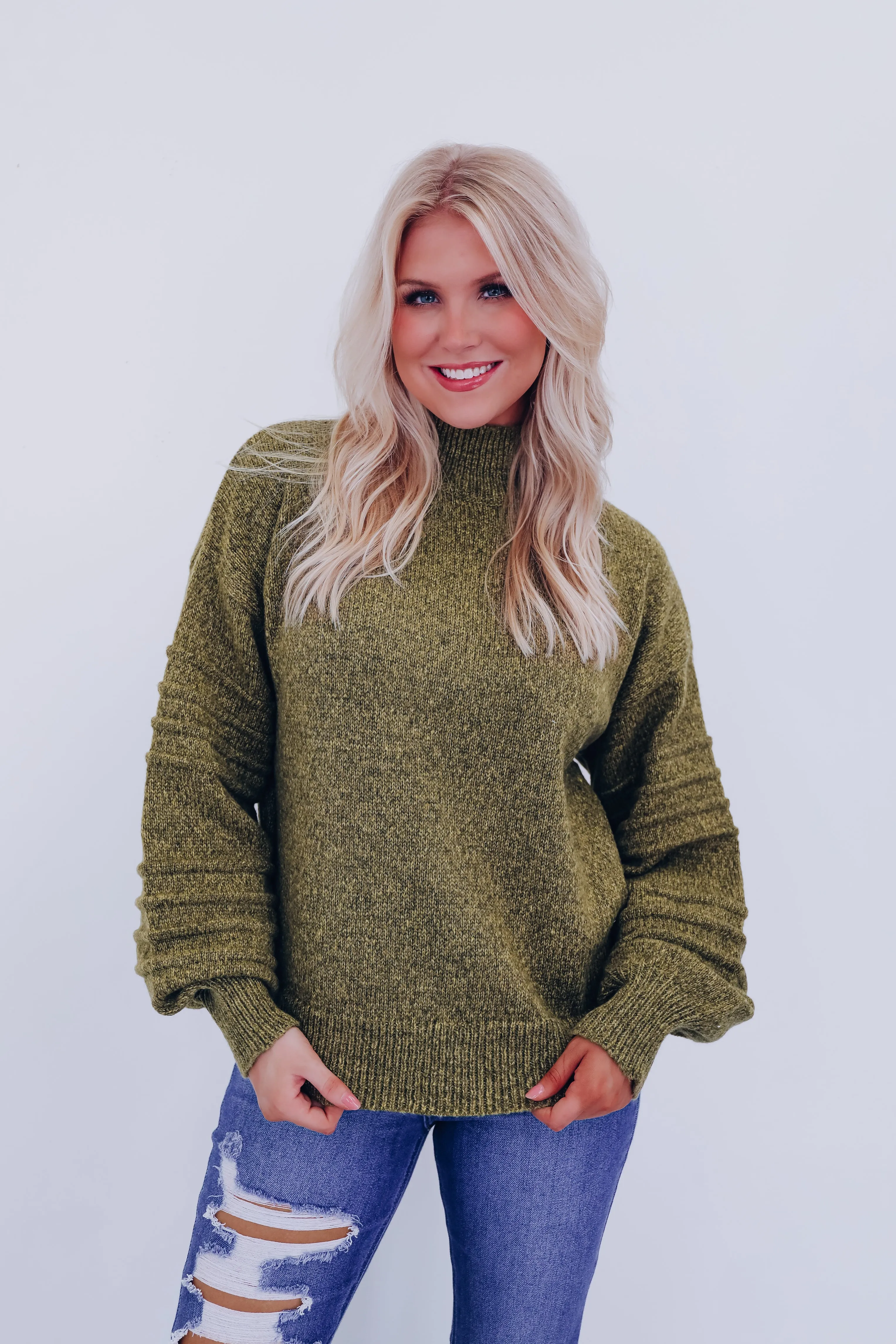 Belle Bubble Sleeve Sweater - Olive