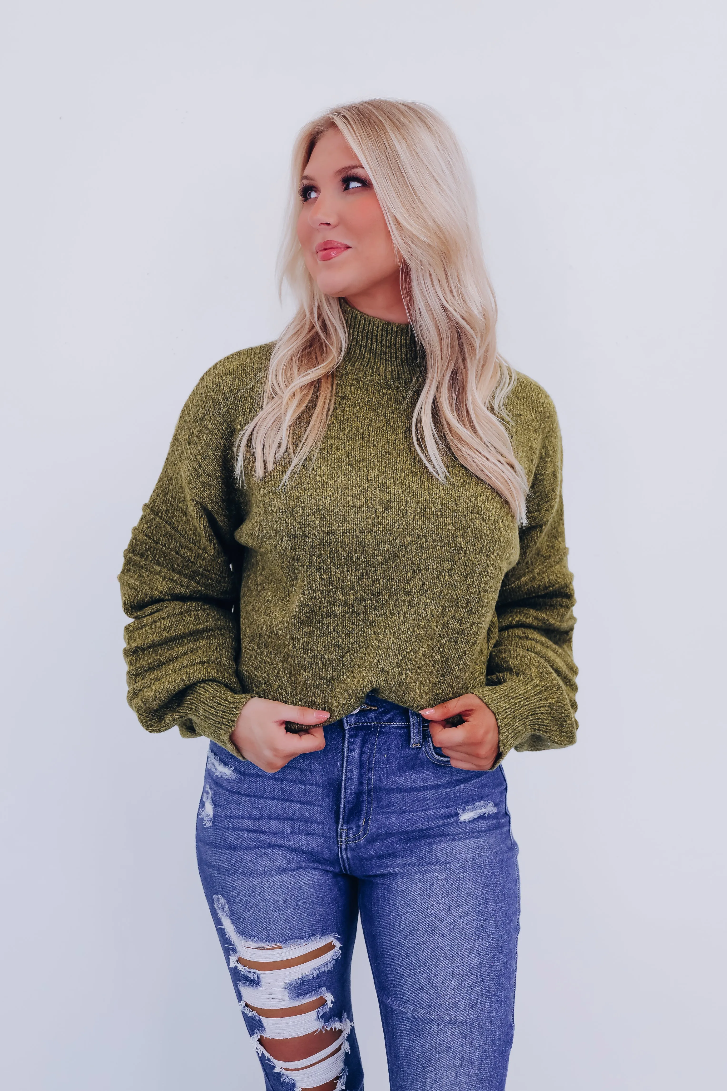 Belle Bubble Sleeve Sweater - Olive