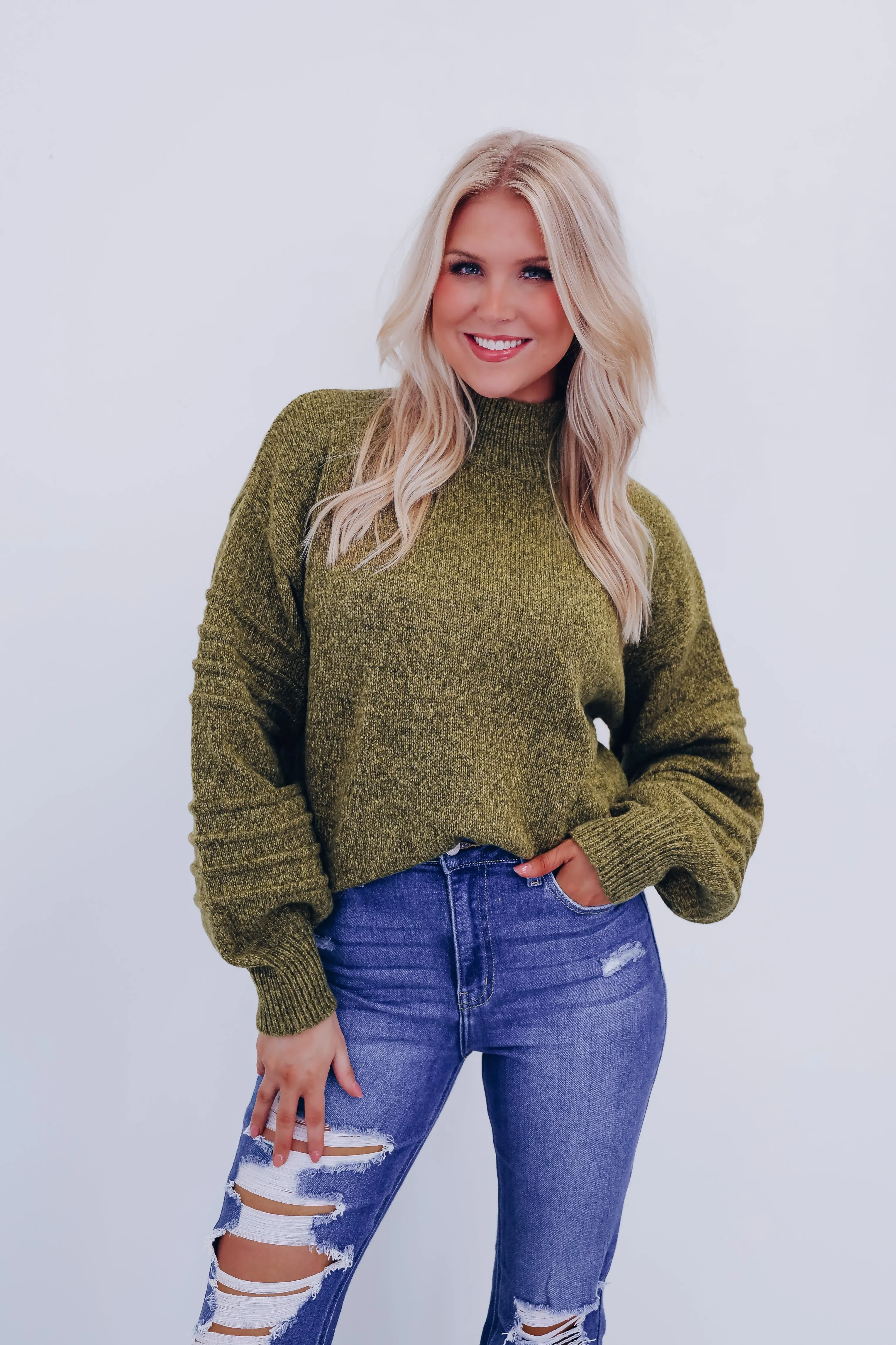Belle Bubble Sleeve Sweater - Olive