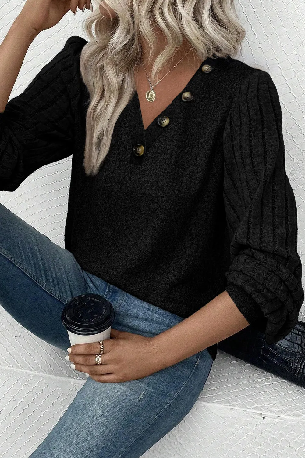 Black Buttoned V Neck Ribbed Puff Sleeve Top