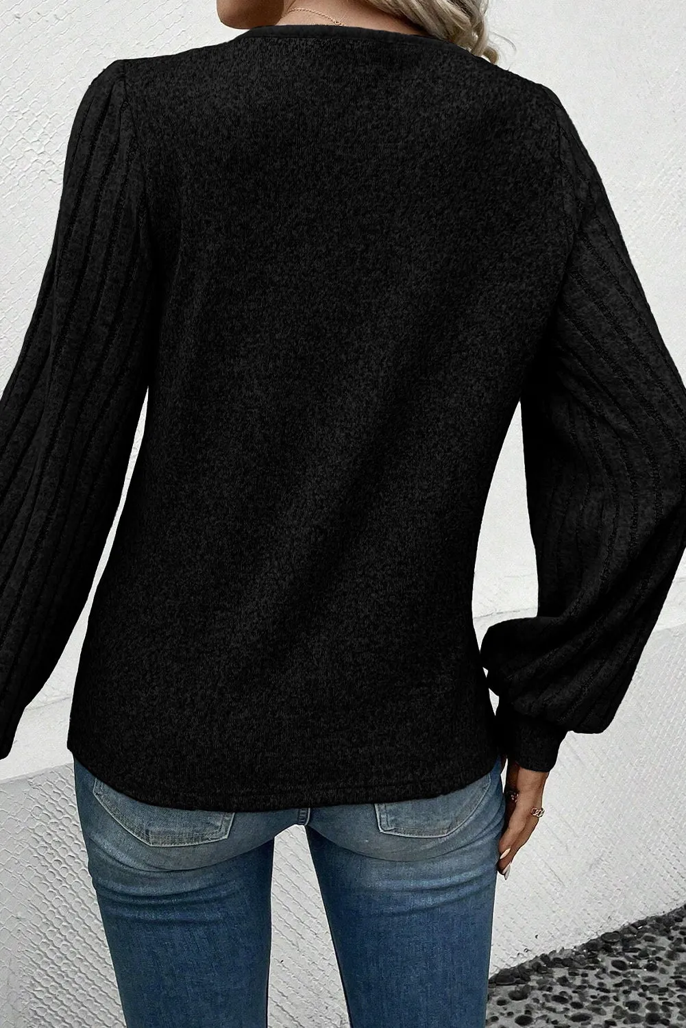 Black Buttoned V Neck Ribbed Puff Sleeve Top