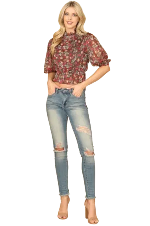 Black Floral High Neck Ruffle Detail Puff Sleeve Crop Top - Pack of 5