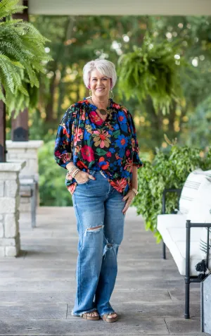 Black Floral Print L/S V Neck with Ruffle Neck