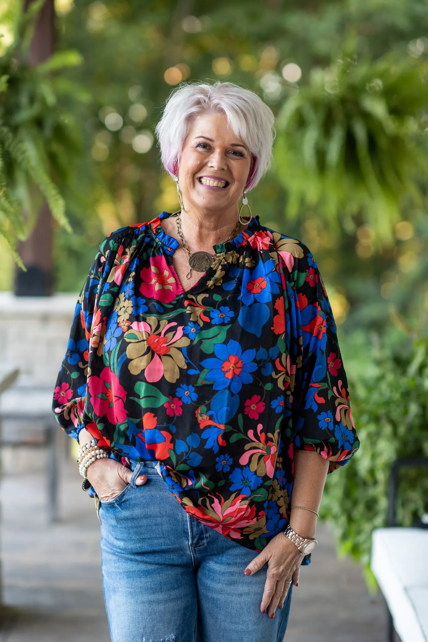 Black Floral Print L/S V Neck with Ruffle Neck