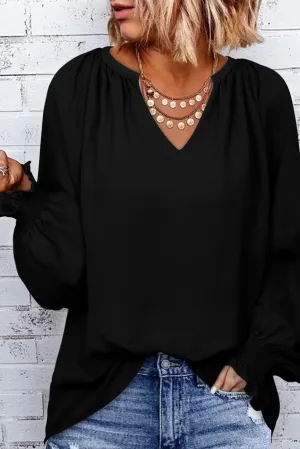 Black Rose Green Pleated V Neck Puffy Sleeve Blouse
