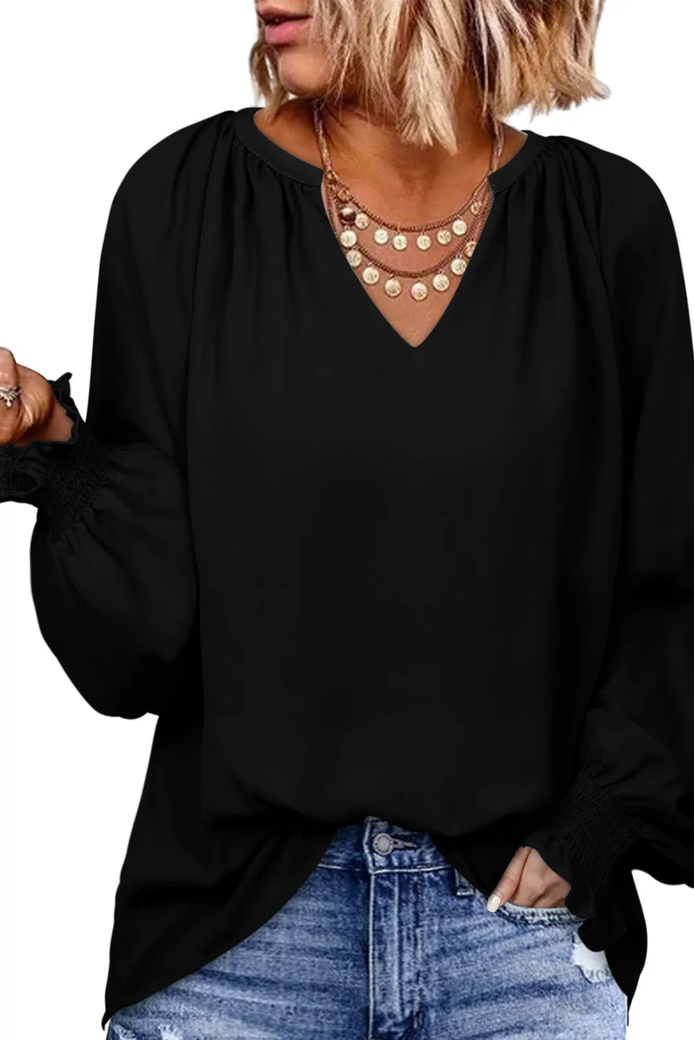 Black Rose Green Pleated V Neck Puffy Sleeve Blouse