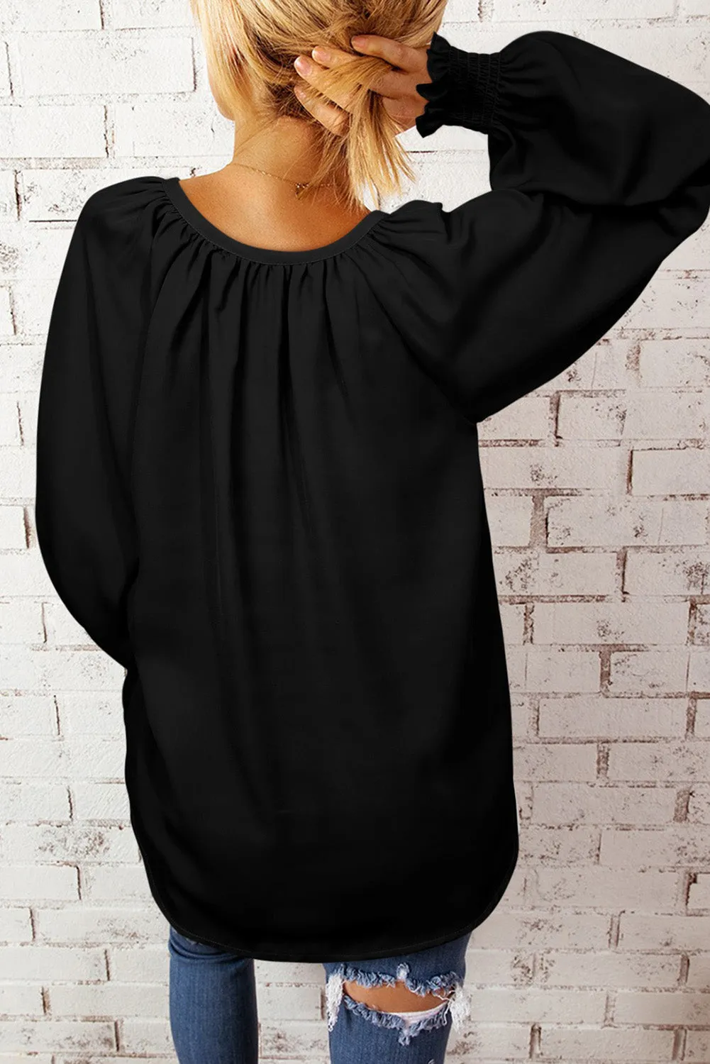 Black Rose Green Pleated V Neck Puffy Sleeve Blouse