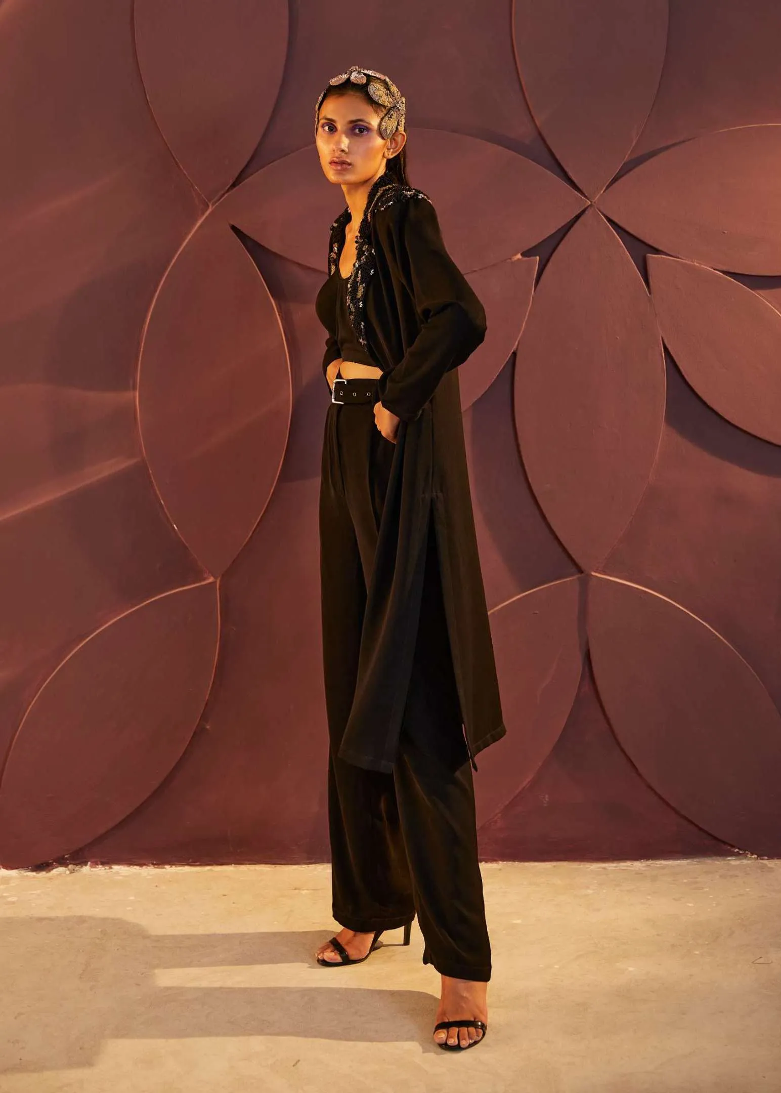 Black Trench Coat And Pant Set