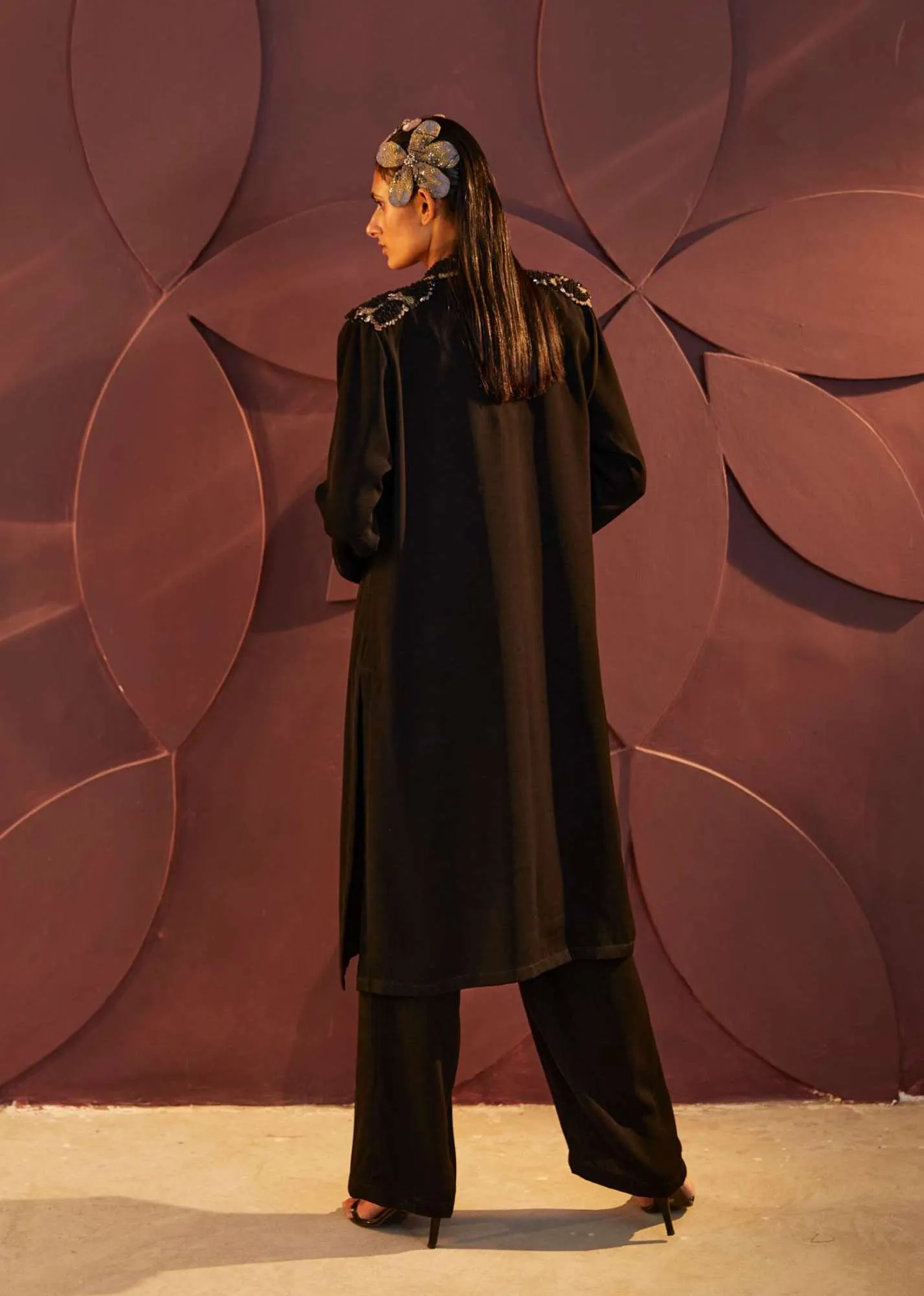 Black Trench Coat And Pant Set