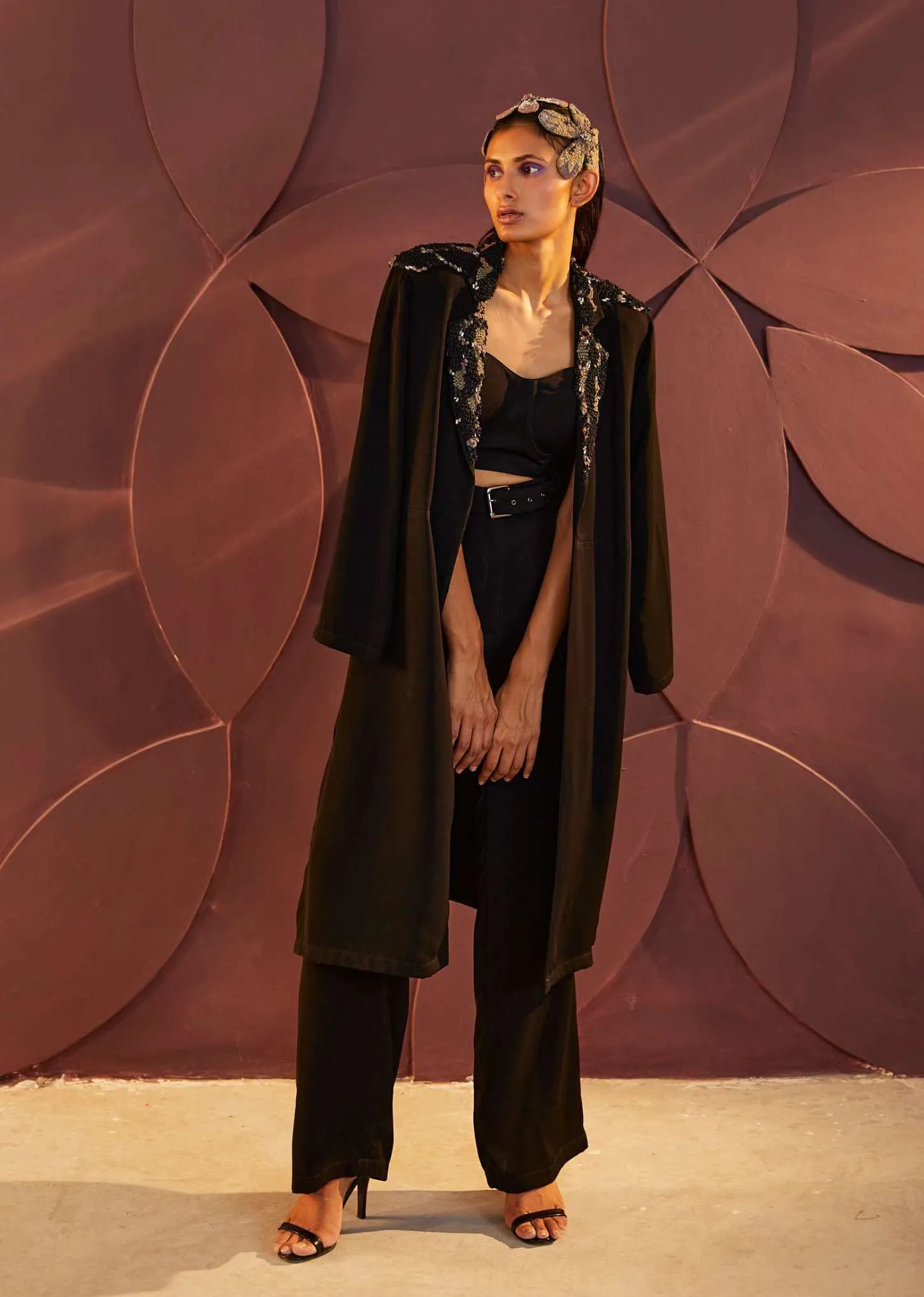 Black Trench Coat And Pant Set