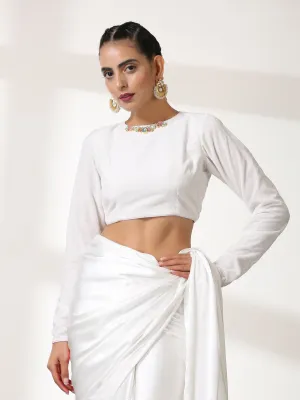 Blouse - White Velvet Blouse with Coloured Glass brooch