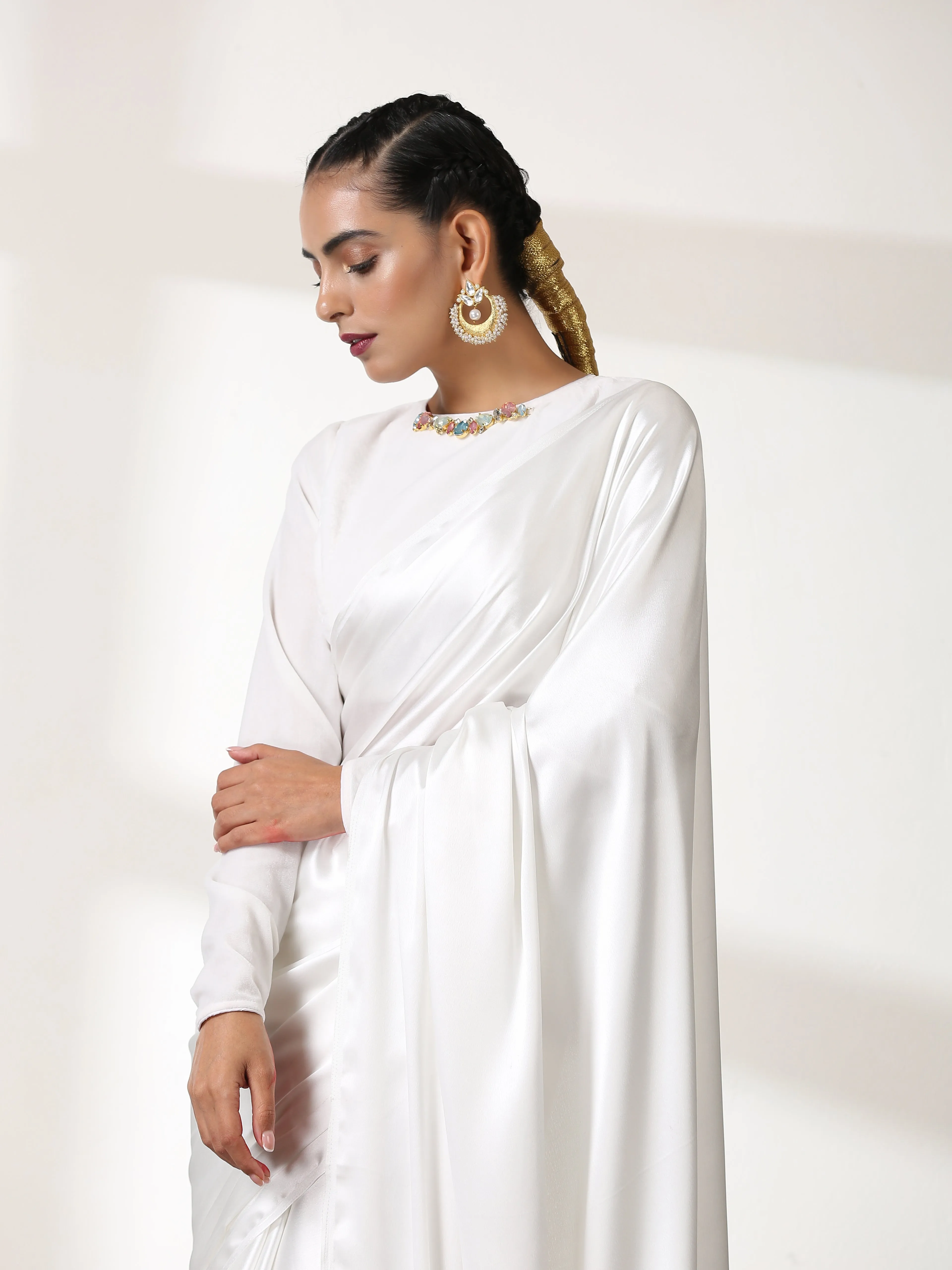 Blouse - White Velvet Blouse with Coloured Glass brooch