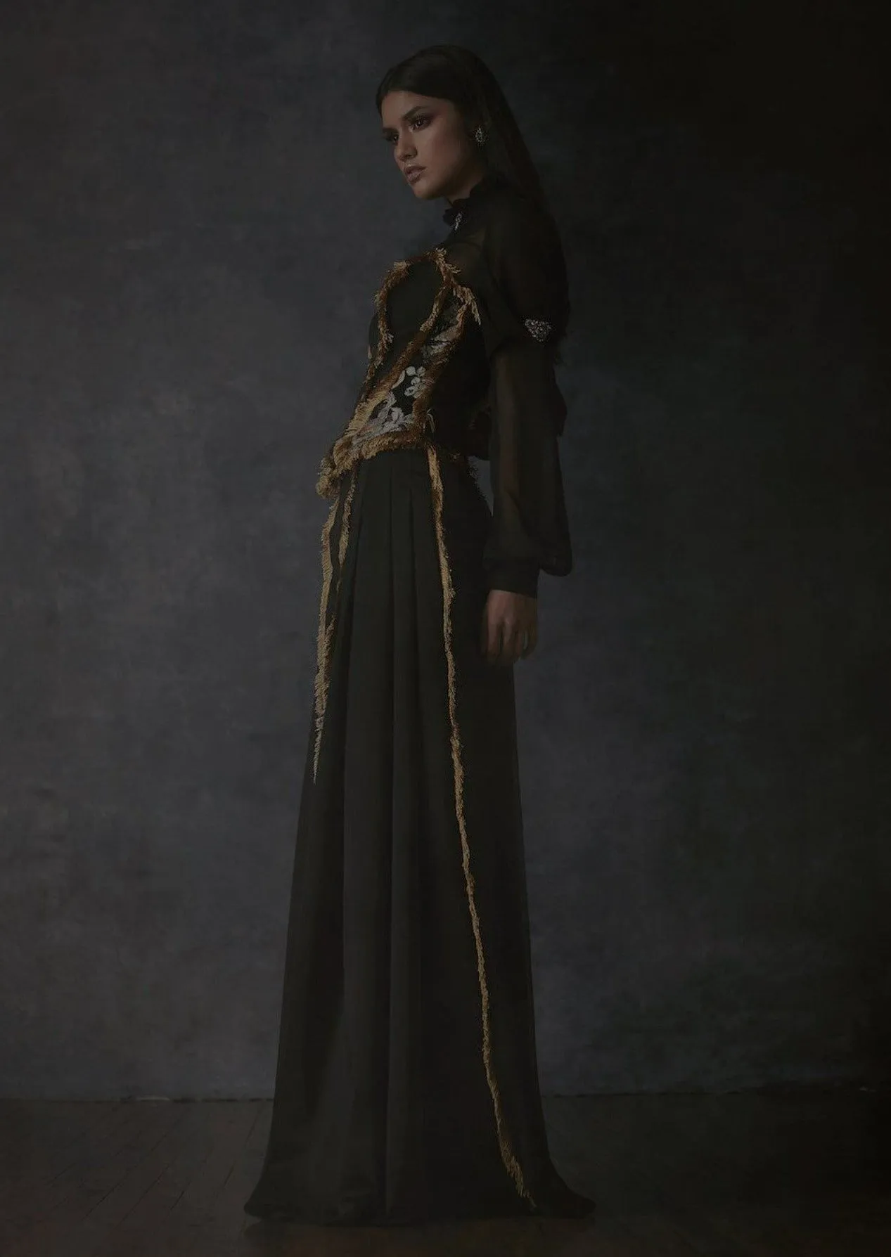 Brocade Corset, Chiffon Button Up Blouse, Satin & Silk Chiffon Pleated Trouser | Spring/Summer 2019