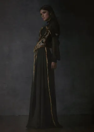 Brocade Corset, Chiffon Button Up Blouse, Satin & Silk Chiffon Pleated Trouser | Spring/Summer 2019
