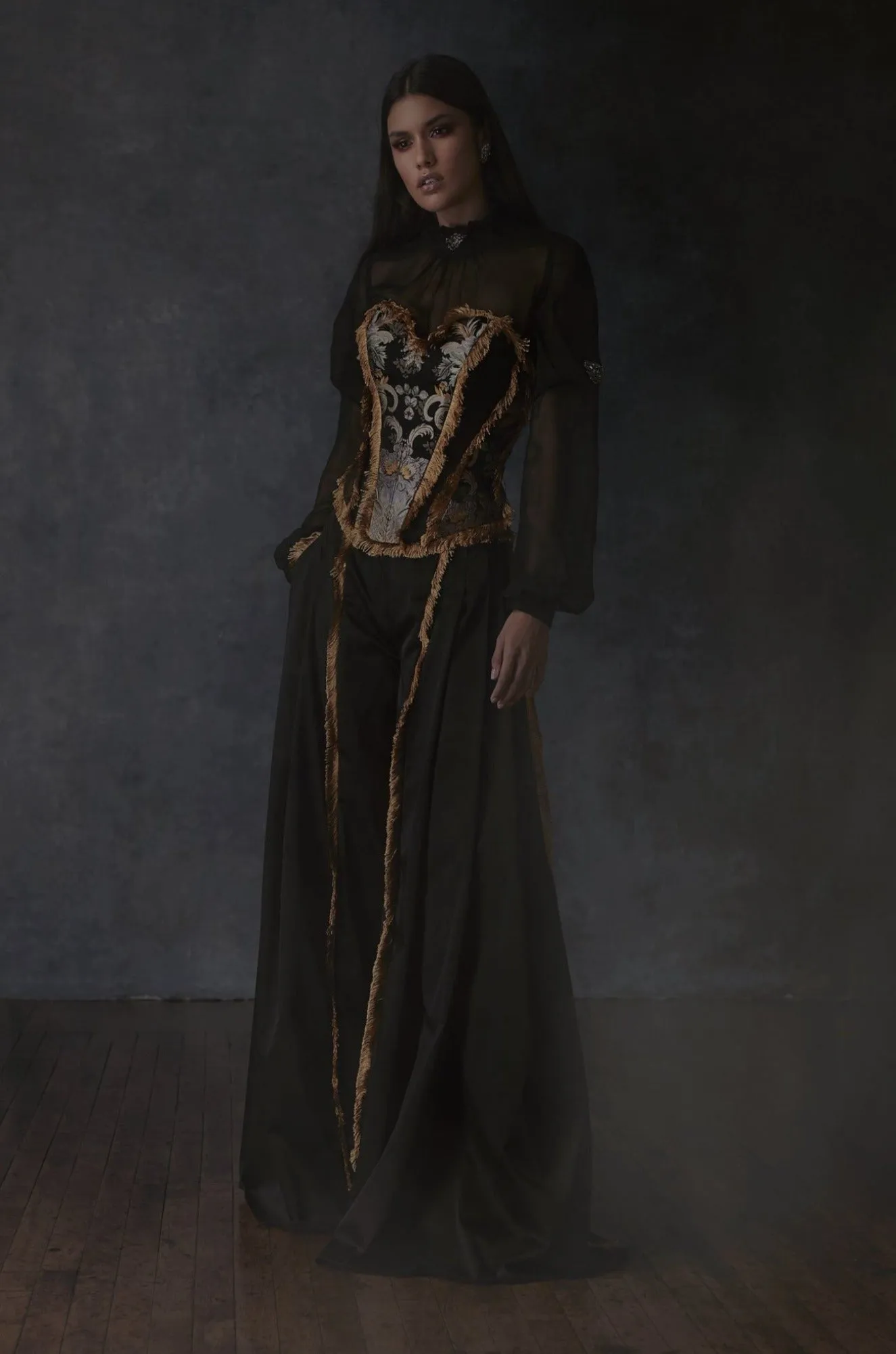 Brocade Corset, Chiffon Button Up Blouse, Satin & Silk Chiffon Pleated Trouser | Spring/Summer 2019