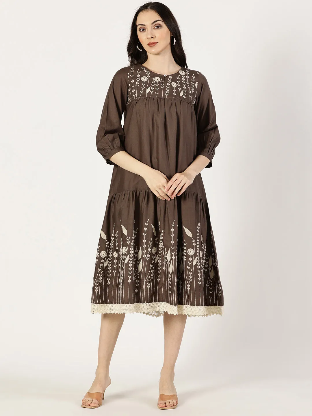 Brown Cotton Linen Embroidered Dress with Lace