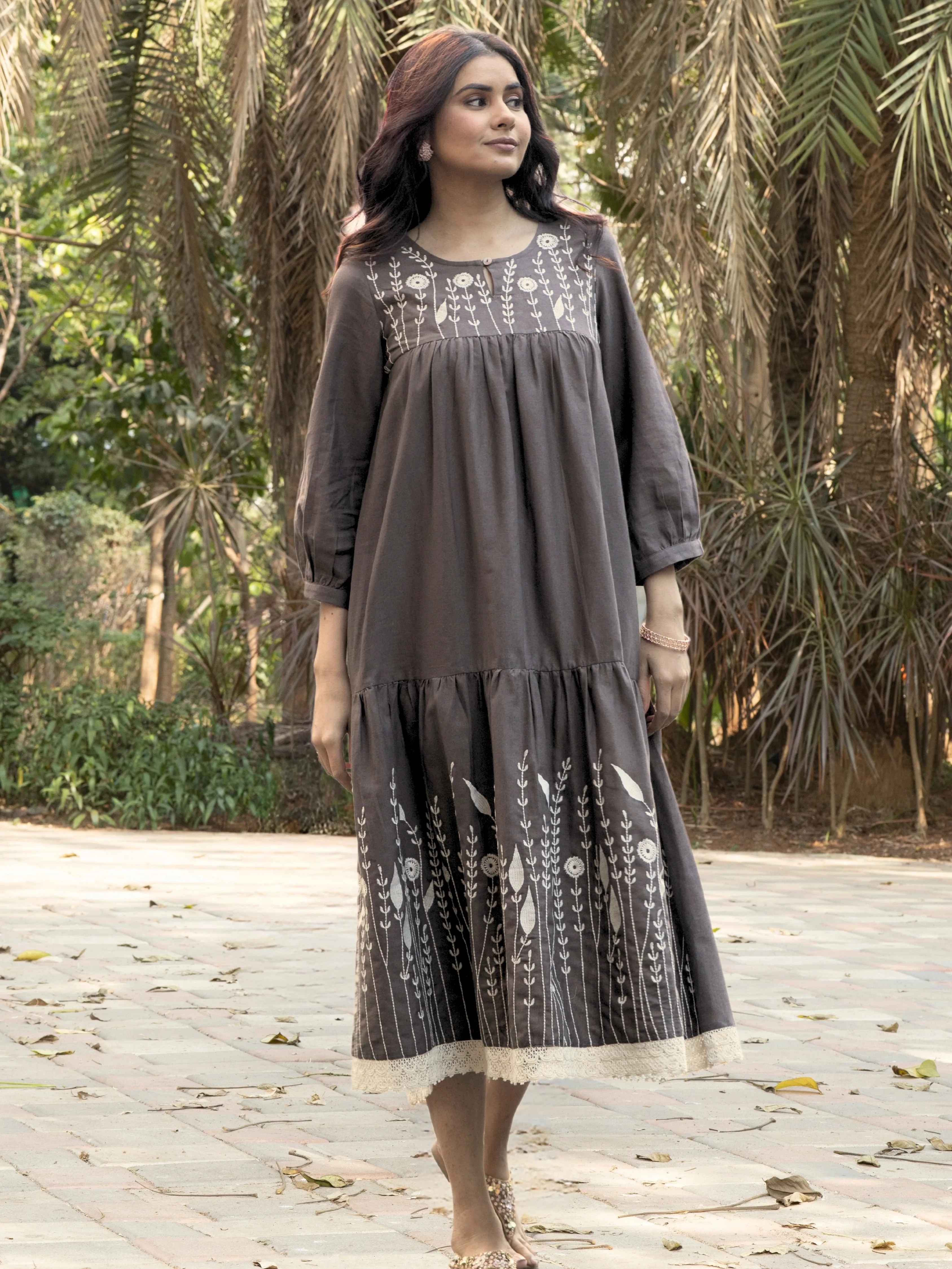 Brown Cotton Linen Embroidered Dress with Lace