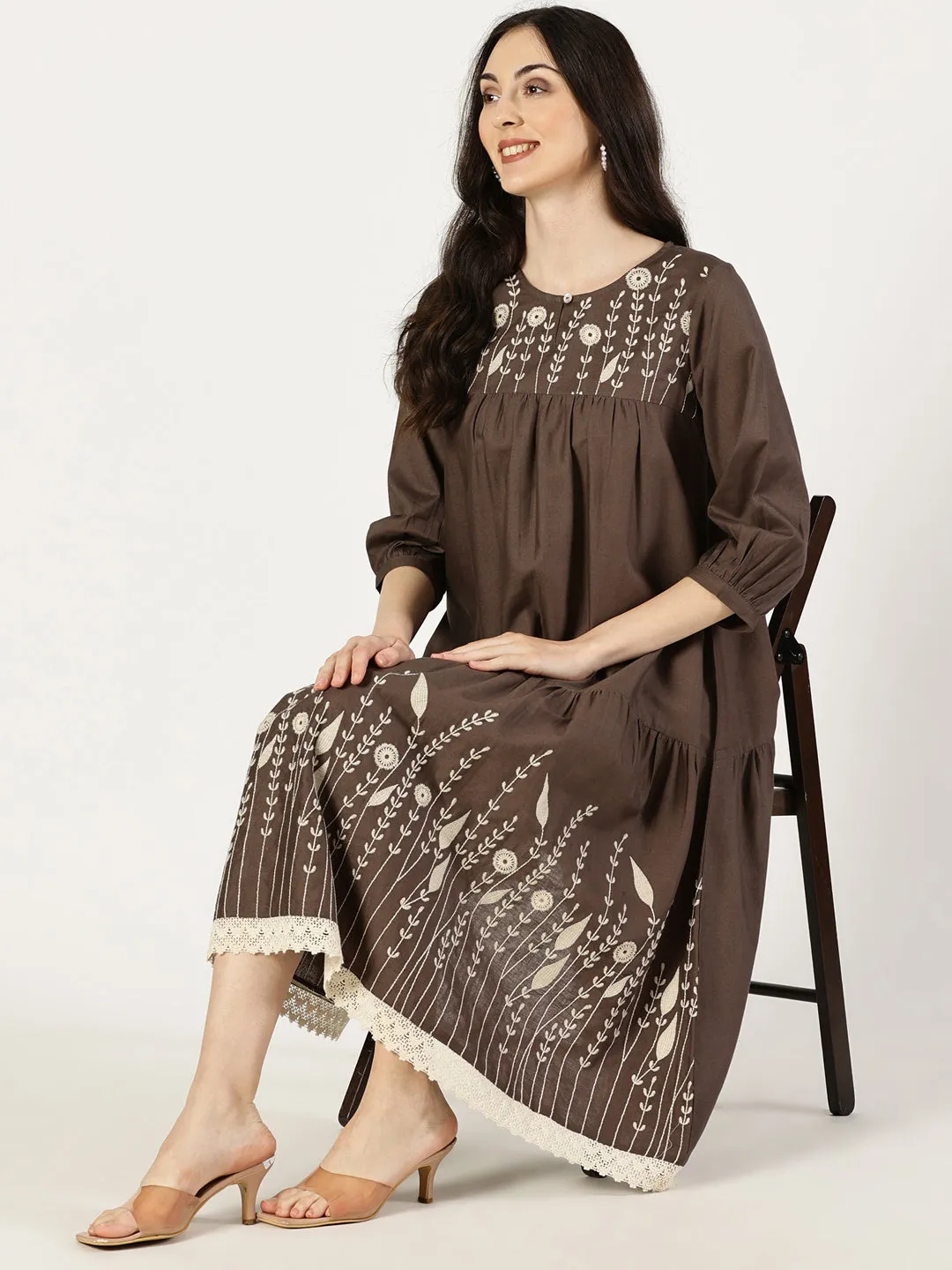 Brown Cotton Linen Embroidered Dress with Lace