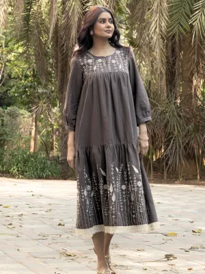Brown Cotton Linen Embroidered Dress with Lace