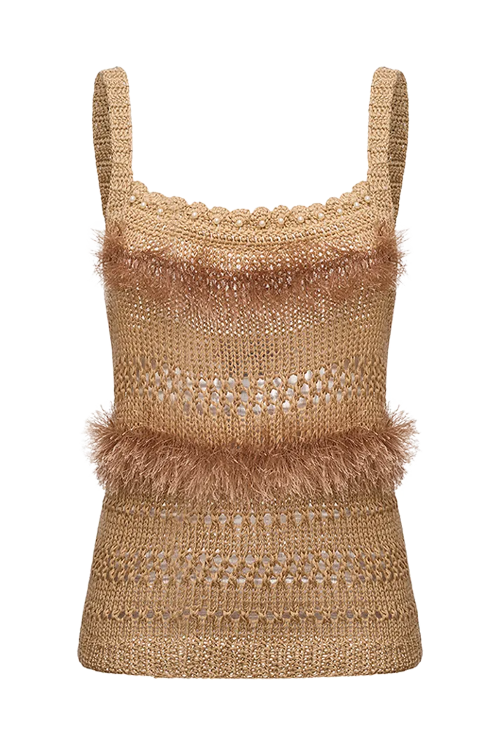 Brown Feather Knit Tank Top